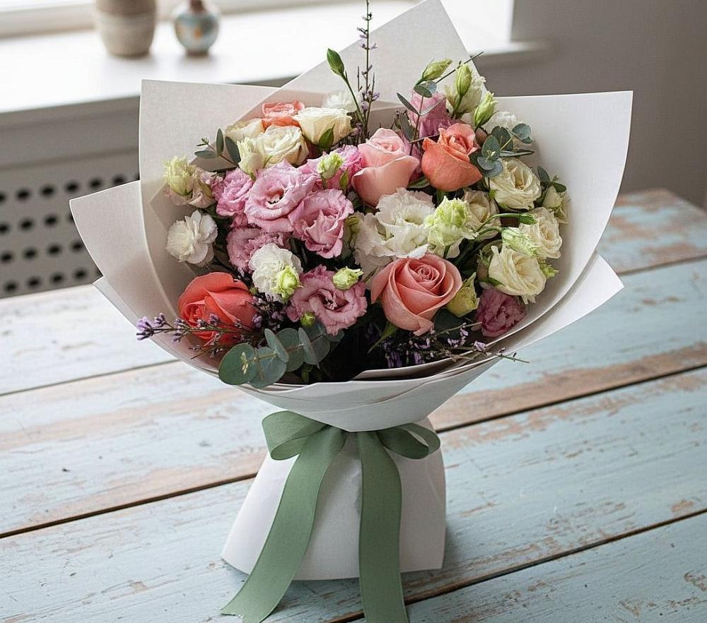 Букет цветов из: Розы, Лизиантусы и Гвоздики в Черге