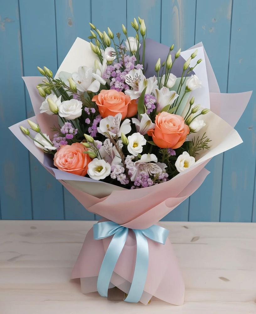 Букет цветов из: Лизиантусы, Розы, Альстромерии и Гипсофила в Черге